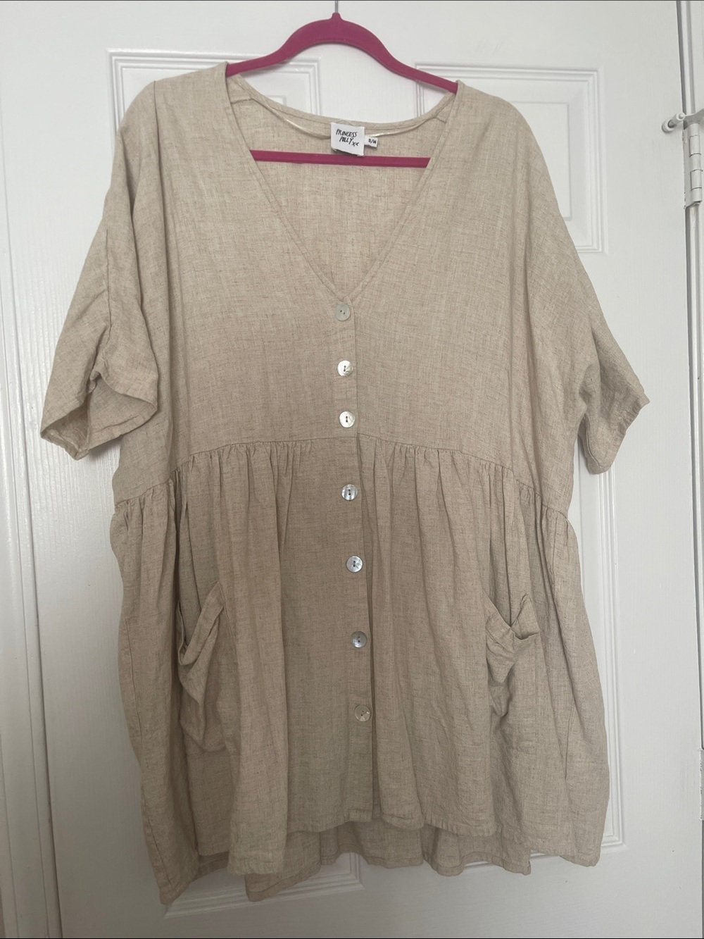 Relaxed V-Neck Button Front Women's Dress in Beige